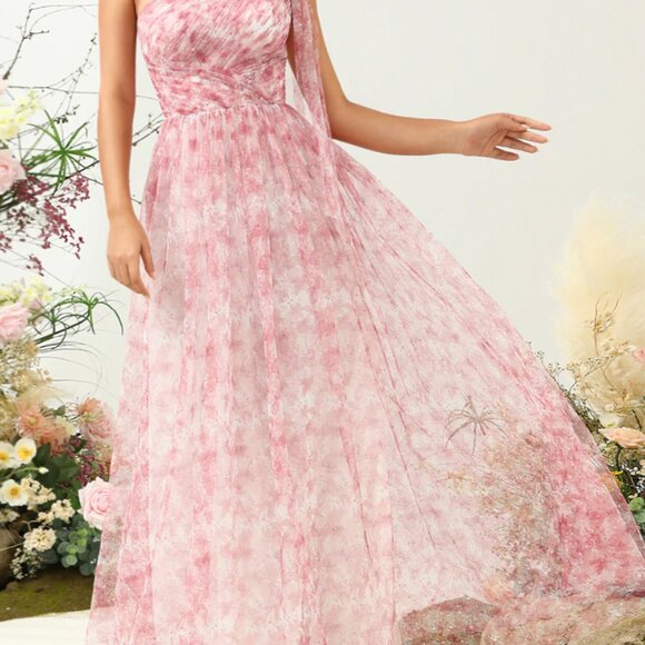 BRAND NEW: Red A Line One Shoulder Floor Length Print Tulle Dress - Picture 7 of 10